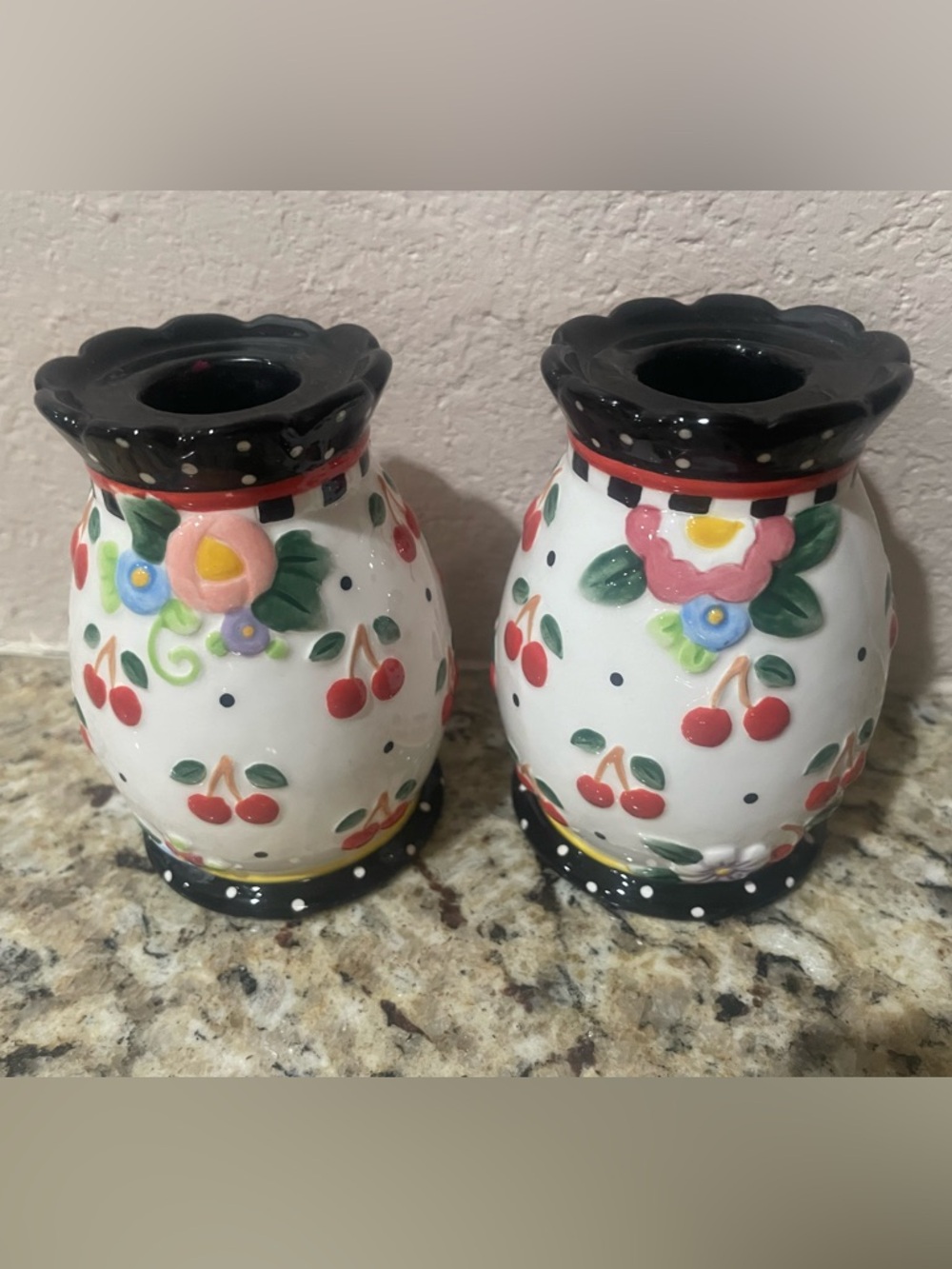 Mary Engelbreit Cherries Taper Candle Holders Pair Oh So Breit Polka Dots